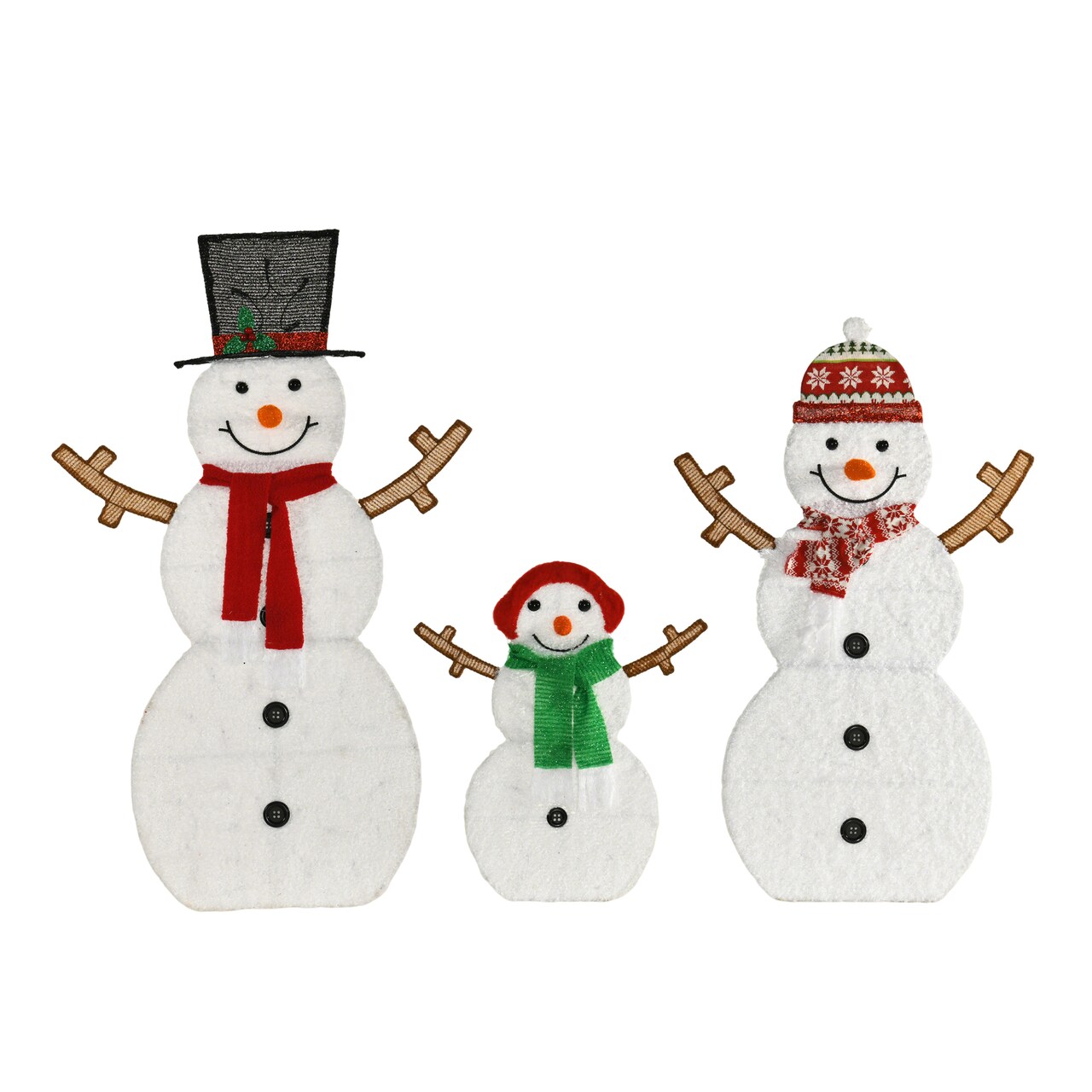 Set of 3 Snowmen with Warm White LED Lights Indoor Outdoor Christmas Decoration Height 48", 42" and 24"